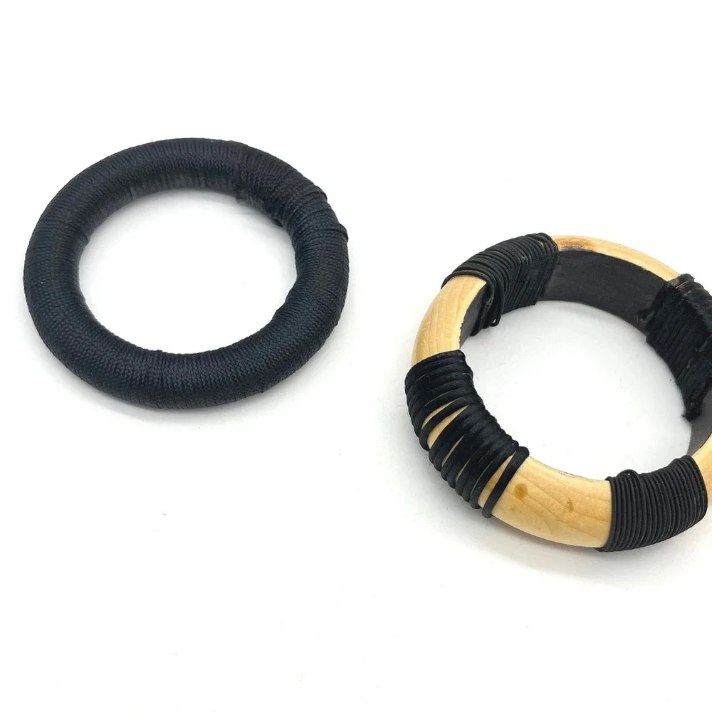 Handmade Wood and Black Cord Wrapped Bangle Bracelet Set Chunky Boho 2pc